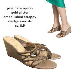 JESSICA SIMPSON GOLD‎ GLITTER EMBELLISHED STRAPPY WEDGE SANDALS 8.5 LIKE NEW.